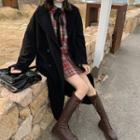 Buttoned Woolen Coat / Peter Pan Collar Buttoned Jacket / Pleated Plaid Mini Skirt