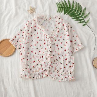 Frilled Trim Floral Patterned Blouse As Shown In Figure - One Size