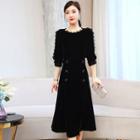 Puff-sleeve Ruffled Midi Sheath Dress