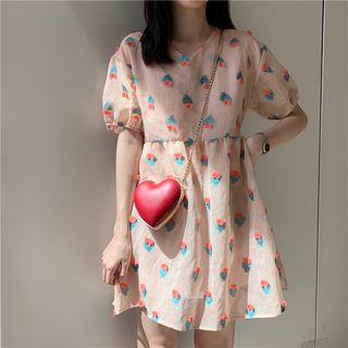 Flower Print Short-sleeve Chiffon Dress As Shown In Figure - One Size