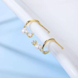 Rhinestone Faux Pearl Sterling Silver Open Hoop Earring