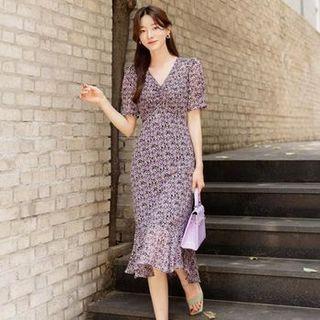 Ruffle-hem Floral Midi Chiffon Dress