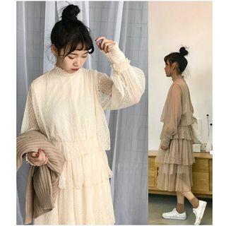 Long-sleeve Tiered Midi Mesh Dress