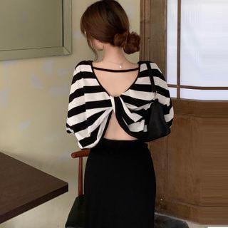 Long-sleeve Twist-back Open-back Striped Cropped T-shirt / Drawstring Midi Skirt