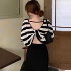 Long-sleeve Twist-back Open-back Striped Cropped T-shirt / Drawstring Midi Skirt