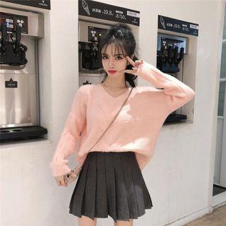 Long-sleeve Plain Sweater / High-waist Pleated Skirt