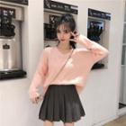 Long-sleeve Plain Sweater / High-waist Pleated Skirt