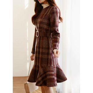 Plaid Midi Mermaid Dress With Faux-peal Belt