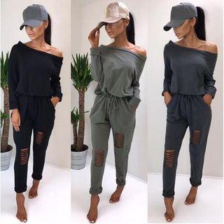 Long-sleeve One-shoulder Ripped Jumpsuit