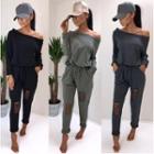 Long-sleeve One-shoulder Ripped Jumpsuit