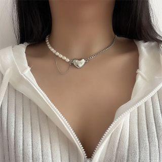 Heart Pendant Faux Pearl Alloy Choker 1 Pc - White & Silver - One Size