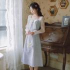 Puff-sleeve Tweed Paneled Midi A-line Dress
