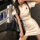 Set: Short-sleeve Bear Embroidered Polo Shirt + Mini A-line Skirt