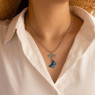 Alloy Butterfly Pendant Necklace 15672 - Silver & Blue - One Size