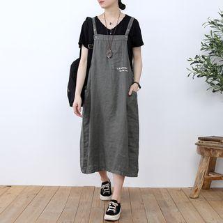 Lettering A-line Linen Midi Pinafore Dress