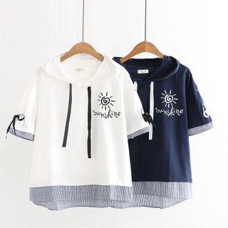Short-sleeve Sun Print Striped Panel Hoodie