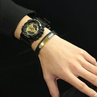 Bar Alloy Layered Faux Leather Bracelet 1452 - Black & Gold - One Size