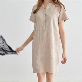 Half-placket Linen Shift Dress