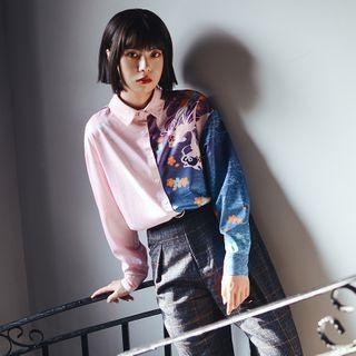 Asymmetric Printed Panel Long-sleeve Shirt