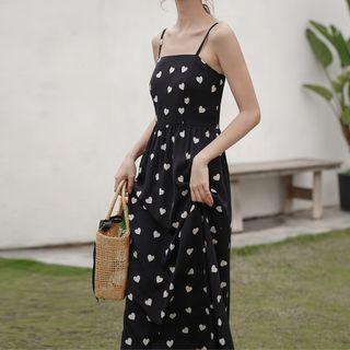 Spaghetti Strap Heart Pattern Midi A-line Dress