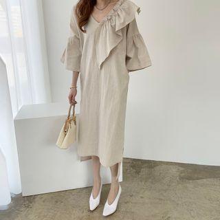 Flared-sleeve Ruffle Midi Sheath Dress