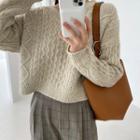V-neck Cropped Cable Knit Top Beige - One Size