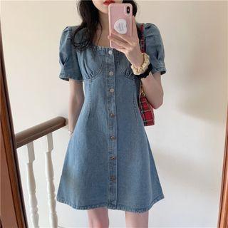 Puff-sleeve Square-neck Denim Mini A-line Dress