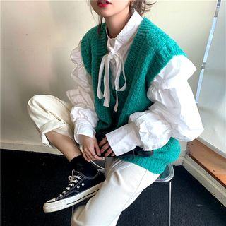 Tie Neck Puff-sleeve Blouse / Knit Vest