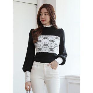 Lace-panel Bishop-sleeve Top