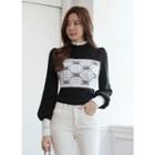 Lace-panel Bishop-sleeve Top