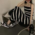 Spaghetti Strap Striped Midi Dress Stripe - Black & White - One Size
