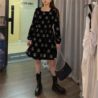 Long-sleeve Square-neck Bear Printed Mini Dress