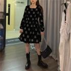 Long-sleeve Square-neck Bear Printed Mini Dress