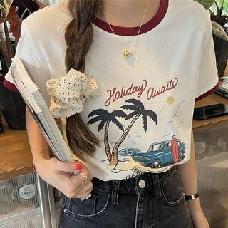 Short-sleeve Palm Tree Print Ringer T-shirt