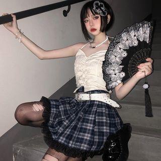 Plaid Lace Trim Pleated Mini A-line Skirt