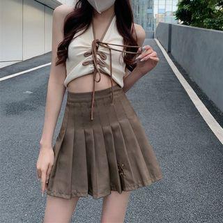 High Waist Lettering Pleated Mini A-line Skirt