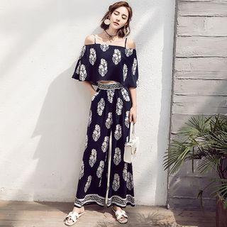 Set: Off-shoulder Printed Elbow-sleeve Top + Printed Wide-leg Pants