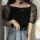 Puff-sleeve Dotted Mesh Panel Knit Top Black - One Size
