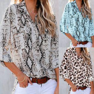 3/4-sleeve Pattern Print Shirt