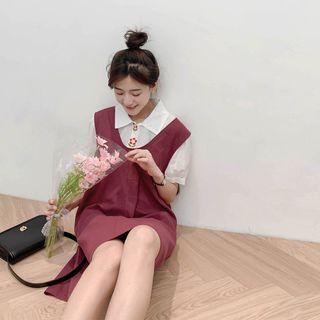 Embroider Floral Oversized Shirt / Plain A-line Mini Dress