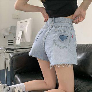 Heart Cutout Distressed Washed Denim Hot Pants