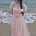 Puff-sleeve Heart Embroidered Midi A-line Mesh Dress Pink - One Size