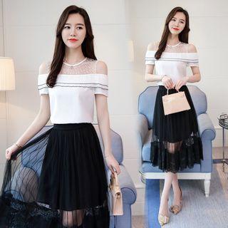 Set: Mesh Panel Cut Out Shoulder Short Sleeve Top + Lace Hem Mesh Midi Skirt