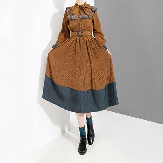 Long-sleeve Frill-trim A-line Midi Dress Yellow - One Size