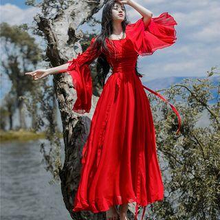 Long-sleeve Crinkled Chiffon A-line Maxi Dress