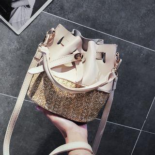 Set: Straw Panel Bucket Bag + Pouch