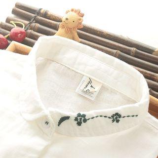 Long-sleeve Loose Fit Embroidered Collar Shirt White - One Size