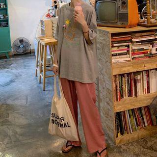 Short-sleeve Dog Print T-shirt / Wide Leg Pants
