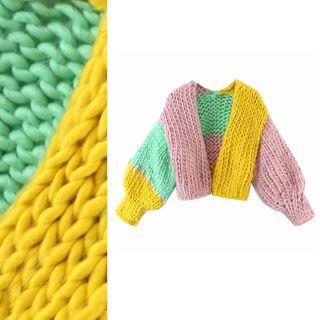 Open Front Color Block Cardigan Pink & Yellow &green - One Size