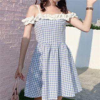 Frilled Plaid Off-shoulder A-line Dress As Shown In Figure - One Size